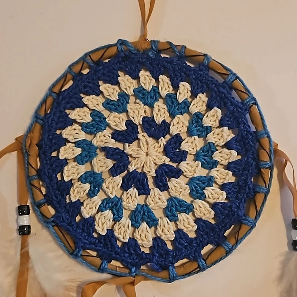 Hand Crafted crochet floral dreamcatcher blue eclectic textile arts wall decor